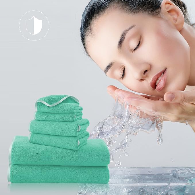 TENSTARS Luxury Silk Hemming Towel Set - Light Thin Quick Drying - 2 Bath Towels 2 Hand Towels 2 Washcloths - Ultra Soft Microfiber Towel for Bath Fitness, Sports, Yoga, Travel (Aqua Green, 6 Pieces)