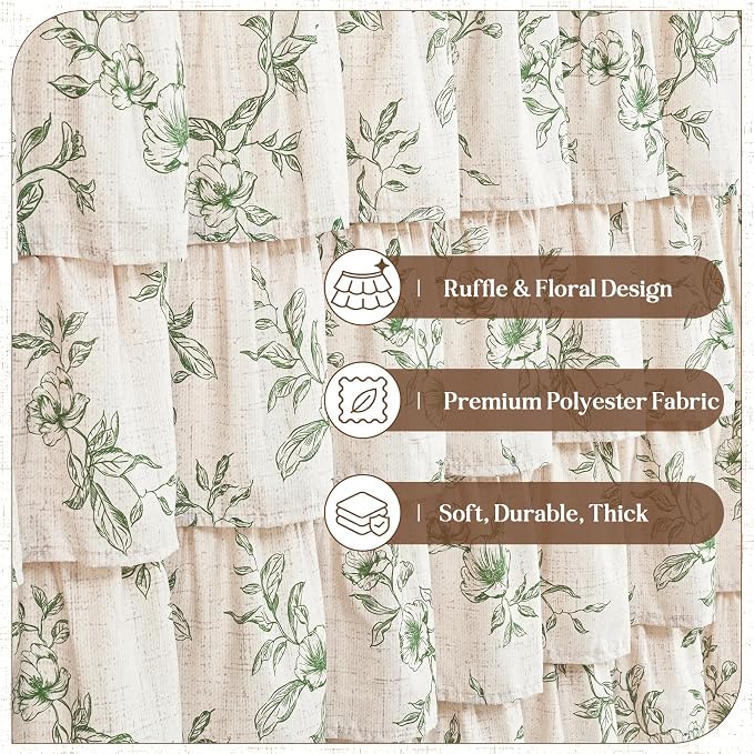 Yinhua Long Farmhouse Ruffle Shower Curtains with Green Floral, 72" Wx78 L | French Country Vintage Rustic Washable Waterproof Shower Curtain for Bathroom Bathtub, 12 Metal Hooks