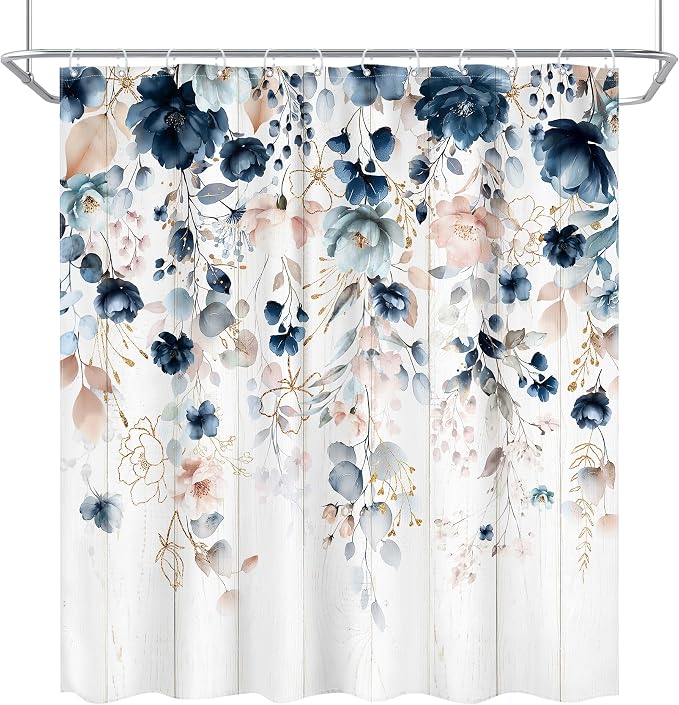 Rustic Floral Spring Summer Blue Pink Bathroom Shower Curtain Set | 72"W x 72"L Flower Wildflower look, waterproof HD printed shower curtain, quick-dry fabric and free hooks.