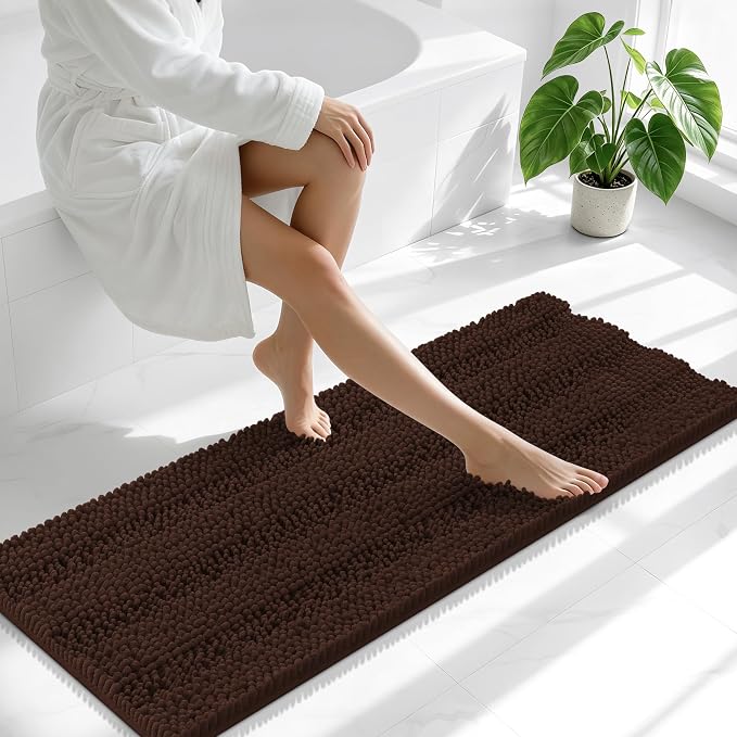 Smiry Thick Chenille Bathroom Runner Rugs 44x24, Absorbent Bath Mat, Brown | Quick‑Dry & Machine Washable, Non‑Slip Bath Carpet, Soft Striped Bath Rugs for Tub & Shower, Modern Home Decor Accessories