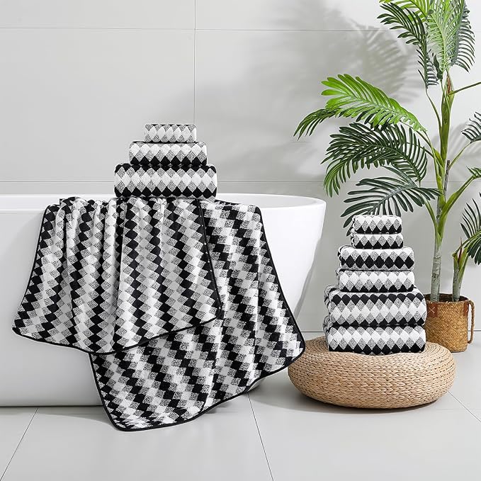 12 Pcs Black White Diamond Towel Set-4 Bath Towels,4 Hand Towels,4 Washcloths Soft Polyester Towels with Loop Absorbent Shower Towel Quick Dry Beach Chair Towel Family Towels for Bathroom Spa Gym Pool
