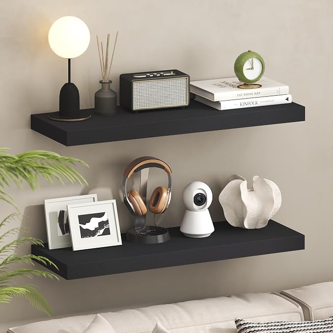 Furinno Tanna Floating Shelves for Wall, 12 x 35 Wall Shelf, Single Set Wall Mounted Floating Shelf with Invisible Bracket, 2-Inch Thick, for Bathroom, Living Room, Bedroom, Home Office, Americano