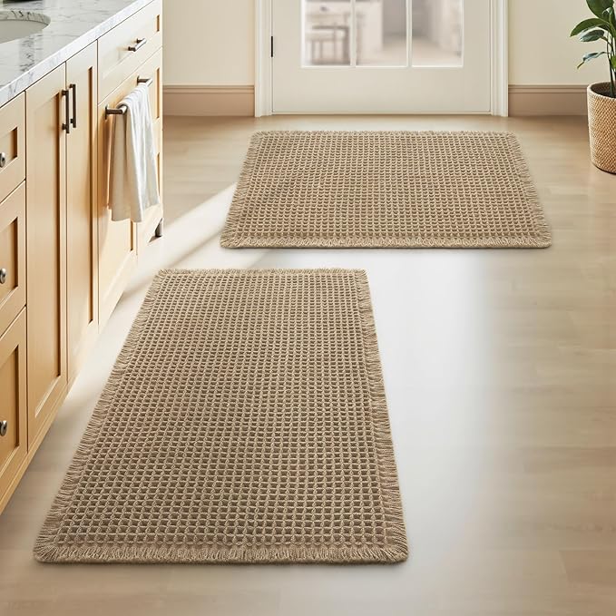 Upgraded Waffle Bath Mats Set of 2, Super Absorbent Non Slip Bath Mats for Bathroom Floor, Washable Boho Bathroom Rugs Set 2 Piece with Tassels, Soft Bathroom Mat Set, 17" x 24" (2 Pack), Brown