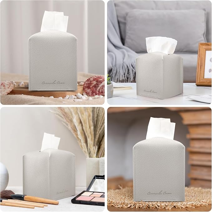 Premium PU Leather Tissue Box Holder - Elegant Hotel-Style Tissue Box Cover for Home, Office & Car Décor, Tissues Cube Organizer for a Natural & Classic Look (Light-Grey 2 Pack)