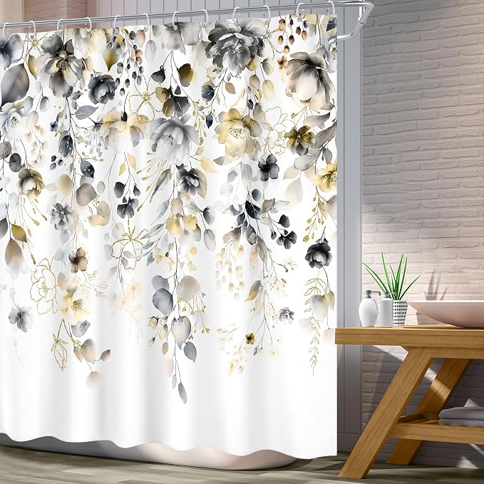 Yellow Grey Floral Gray Pastel Rustic Bathroom Shower Curtain Set | 72"W x 72"L Flower Eucalyptus look, waterproof HD printed shower curtain, quick-dry fabric and free hooks.
