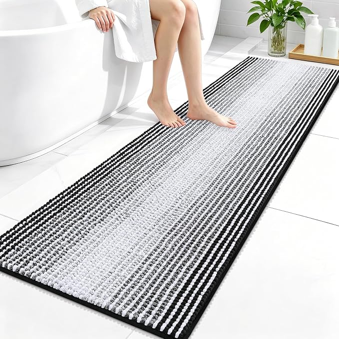 OLANLY Bathroom Runner Rugs 59x20, Soft Chenille Striped Bath Rugs, Black | Extra Absorbent, Rubber Backing, Machine Wash Dry, Bath Mats for Bathroom Floor, Tub and Shower, Home Decor Accessories