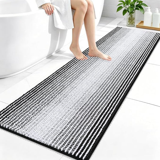 OLANLY Bathroom Runner Rugs 59x20, Soft Chenille Striped Bath Rugs, Black | Extra Absorbent, Rubber Backing, Machine Wash Dry, Bath Mats for Bathroom Floor, Tub and Shower, Home Decor Accessories