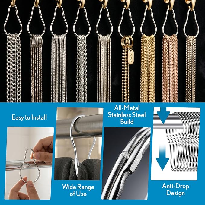 100 Pack Shower Curtain Hooks, 2.5" Metal Shower Curtain Rings, Made of Rust Resistant Nickle-Plated Steel, Pear Shaped Split Rings, Hanging Clips