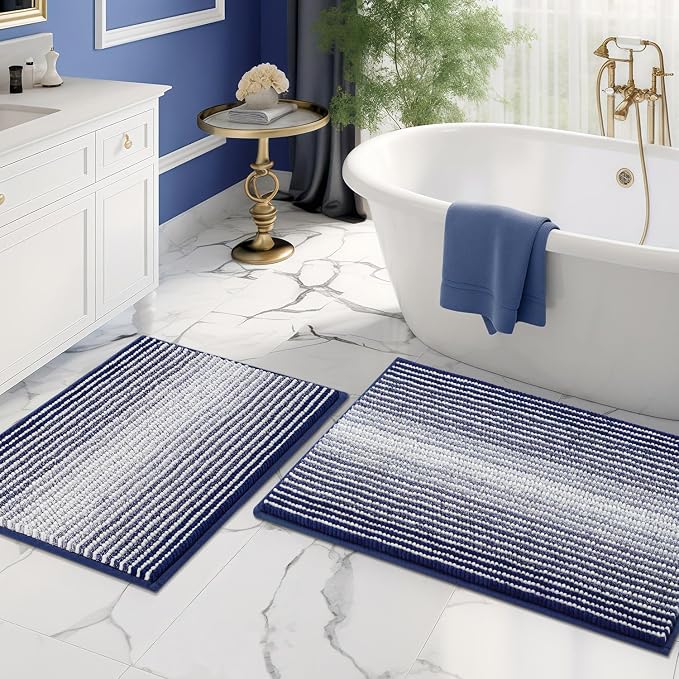 Bathroom Rugs and Mats Sets, 2 Piece Thick Absorbent Chenille Bath Mat Rug Set Non Slip, Soft Shaggy Bath Room Floor Mats for Bathroom, Machine Washable (20" x 32" Plus 16" x 24", Navy)