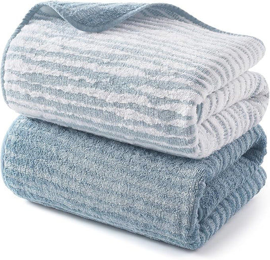 REDKISS 2 Pack Blue Bath Towels Set, 100% Cotton Double-Sided Design | Ultra Soft, Super Absorbent, Quick Dry Bathroom Towels for Bathroom, Gym, Spa, Pool, Hotel & Family Use, 29 x 59 Inches