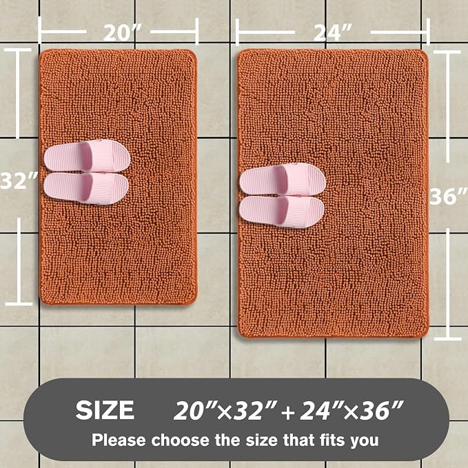 Burnt Orange Bathroom Rugs Sets 2 Piece – Absorbent and Washable Bath Mat, Non-Slip, Thick Soft Chenille Bath Rugs for Bathroom Floor, Shower, Sink - 20" x 32"+24" x 36"