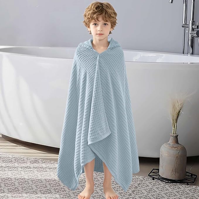 VOOVA & MOVAS Kids Hooded Bath Towel, 6-10 Years,Grey Blue Waffle | Unique Waffle Weave Surface, Dense Fabric, Powerful Absorbency for Multi Scenes