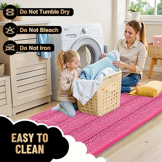 OLANLY Thick Bathroom Runner Rugs 44x24, Soft Chenille Bath Rugs, Hot Pink | Absorbent Striped, Rubber Backing, Machine Wash, Long Bath Mats for Bathroom Floor, Tub and Shower, Home Decor Accessories