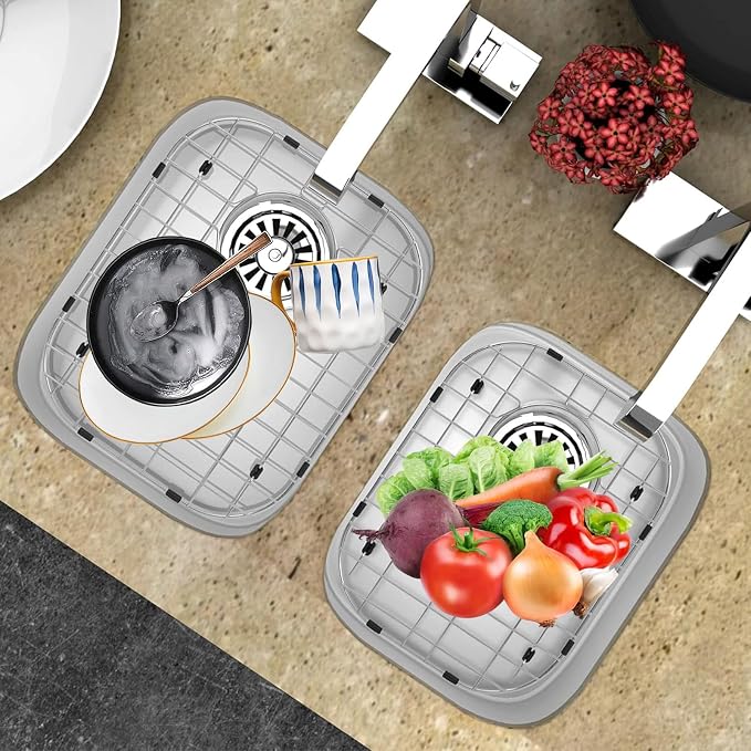 Orgneas Sink Protectors for Kitchen Sinks 13"x16" and 11.2"x14.5" | 304 Premium Stainless Steel Double Bowl Kitchen Sinks Bottom Grate Rack Grid, Centered Drain, 2 Pcs