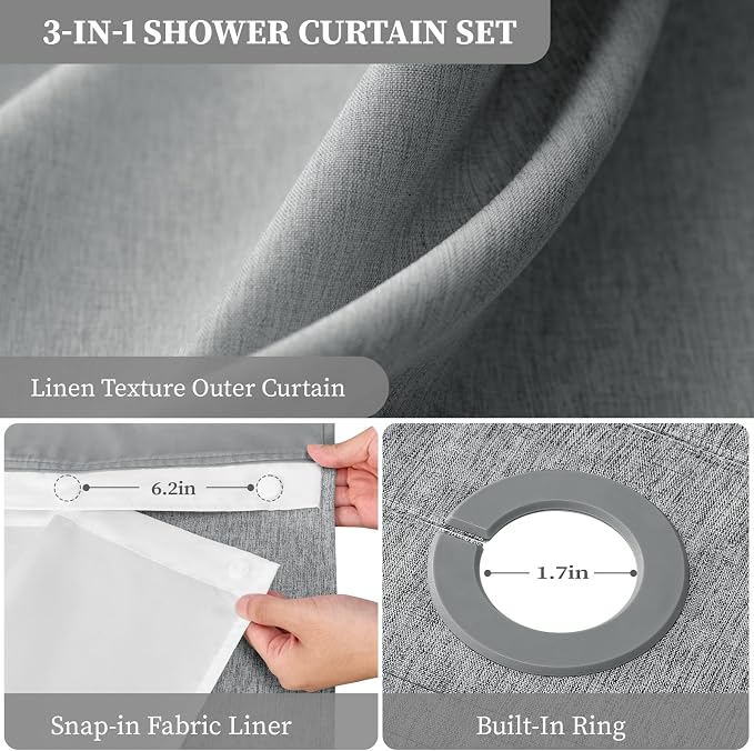 72x81 Ringless Linen Textured Shower Curtain with Snap in Liner, Grey | Tall Size, 3 in 1 Shower Curtain Set, Removable Liner, Waterproof & Washable, Mesh Top Window, Durable Fabric, Easy Setup