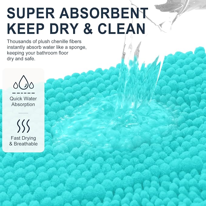 Smiry Thick Chenille Bathroom Runner Rugs 70x24, Absorbent Bath Mat, Teal | Quick‑Dry & Machine Washable, Non‑Slip Bath Carpet, Soft Striped Bath Rugs for Tub & Shower, Modern Home Decor Accessories