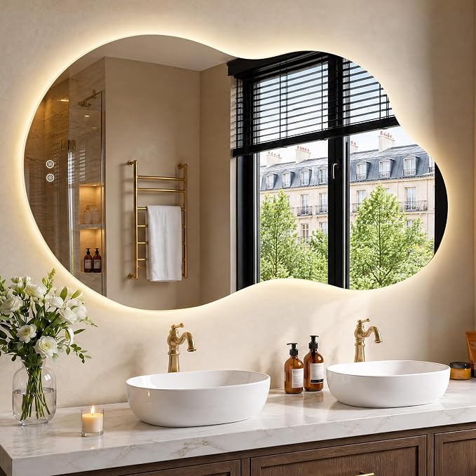36" x 60" Irregular Backlit Bathroom Mirror, Anti-Fog | Tempered Glass, Cloud Shape, 3 Color Lighting, Stepless Dimming, Memory Function, HD Reflection, Wall Mounted
