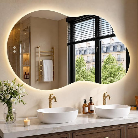 36" x 60" Irregular Backlit Bathroom Mirror, Anti-Fog | Tempered Glass, Cloud Shape, 3 Color Lighting, Stepless Dimming, Memory Function, HD Reflection, Wall Mounted