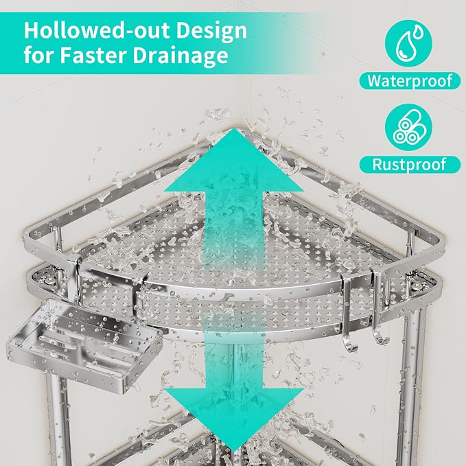 HapiRm Standing Corner Shower Caddy - 3 Tier Shower Organizer Corner with Soap Holder and 4 Hooks, Rustproof Bathroom Storage Shelves with Adhesives, Silver