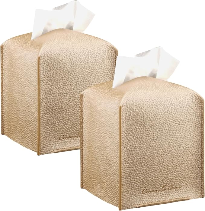 Premium PU Leather Tissue Box Holder - Elegant Hotel-Style Tissue Box Cover for Home, Office & Car Décor, Tissues Cube Organizer for a Natural & Classic Look (Gold 2 Pack)