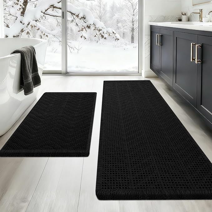 Upgraded Waffle Bath Mat Set 2 Piece Black-Herringbone, Super Absorbent Non-Slip Quick Dry Bathroom Rugs with Tassels, Machine Washable Ultra Soft Boho Bath Rugs, Toilet Mats Boho Farmhouse Decor