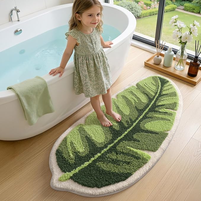LUMI Cute Bathroom Rug Green Leaf, Absorbent Non Slip Bath Mat, 24"x48" | Palm Leaf Plant, Soft Plush Microfiber, Quick Dry, Washable for Shower Floor, Bathroom, Sink Bathtub, Bedroom, Kids Room