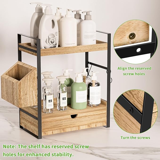 2-Tier Bathroom Counter Organizer, Wooden Vanity Shelf with Drawer & Basket | Pre-Drilled Holes, Skincare & Makeup Countertop Organizer and storage
