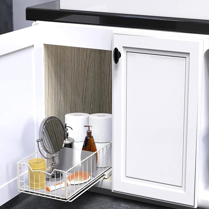 Simple Houseware Pull-Out Cabinet Sliding Basket, 17.2Dx9.7Wx5H, White | Ideal for Kitchen and Bathroom Cabinet Storage Organizer, Under Sink or Pantry Organization