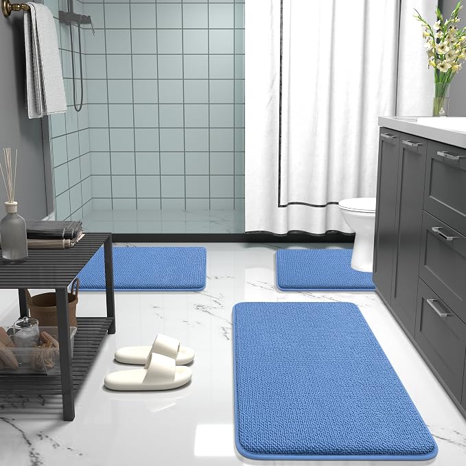 OLANLY Memory Foam Bathroom Rugs 36x24, Absorbent Bath Mat, Cornflower Blue | Soft Quick Dry Bath Rugs, Non-Slip, Machine Washable Carpet for Bathroom Floor, Tub and Shower, Home Decor Accessories