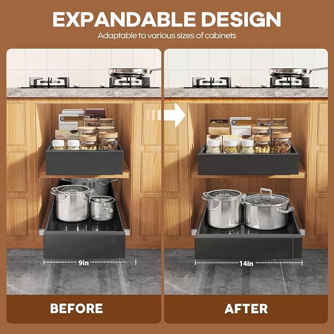 Seinloes 4 Pack Expandable Pull Out Cabinet Organizer 21" Deep with Raising Pad for Framed Cabinets,Upgrade 3 Slide Rails Slide Out Drawers,Roll Out Shelves Adhesive,Adjustable Width 9"-14.1" Black