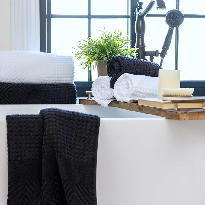 Texere 100% Organic Cotton Jacquard Towel Sets (Black (Diamond), 4 Bath Towels)