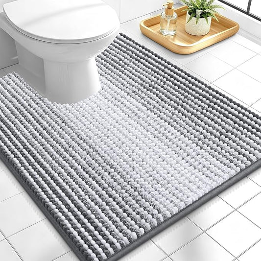 OLANLY Toilet Rugs U-Shaped 24x20, Soft Chenille Contour Bath Mat, Grey | Extra Absorbent, Striped Bathroom Rugs for Toilet, Dry Quickly, Machine Washable, Non-Slip