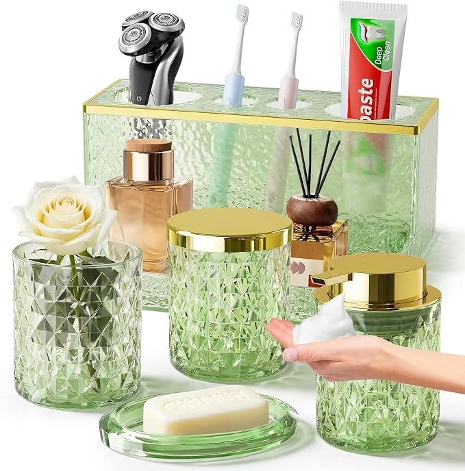 Glass Bathroom Accessories Set 5Pcs Crystal Green - Foaming Soap Dispenser, Soap Dish, Cup, Acrylic Toothbrush Holder with Tray Organizer, Cotton Swab Jar, Bathroom Counter Set Sink Decor