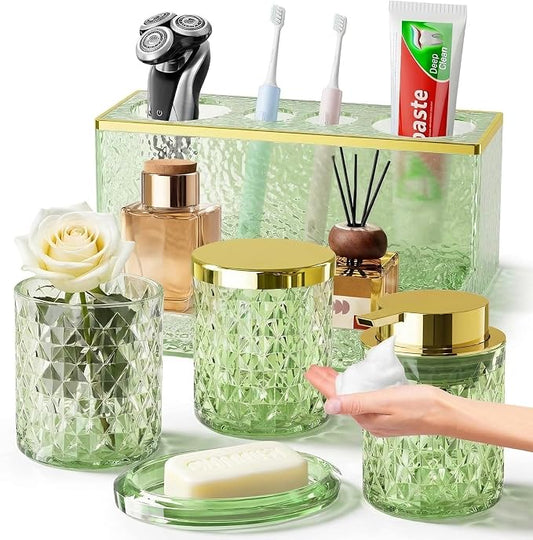 Glass Bathroom Accessories Set 5Pcs Crystal Green - Foaming Soap Dispenser, Soap Dish, Cup, Acrylic Toothbrush Holder with Tray Organizer, Cotton Swab Jar, Bathroom Counter Set Sink Decor
