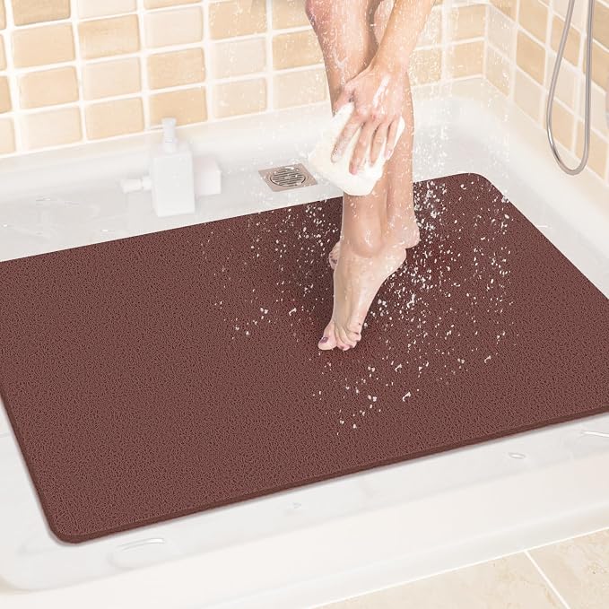 LuxStep Shower Mat Bathtub Mat Non-Slip Bath Mat with Drain, Quick Drying | 24x32 inch PVC Loofah Bathmat for Tub,Shower,Bathroom，Reddish Brown