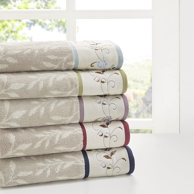 Madison Park Serene 100% Cotton Bath Towel Set Luxurious Floral Decorative Towels for Bathroom Embroidered Cotton Jacquard Design Soft Highly Absorbent for Shower 600 GSM, Multi-Sizes, Navy 6 Piece | Luxurious Floral Decorative Towels for Bathroom, Emb...