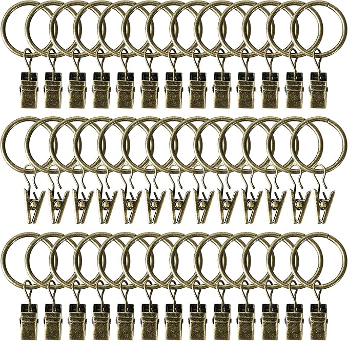 Lansian 100 Pack Curtain Rings with Clips Hooks 1.5 in Diameter Rustproof | Metal Stainless Steel Drapery Rings for Tension Rod Bracket Eyelets Decorative Hanger, Fits 1.38 in Rods, Antique Brass