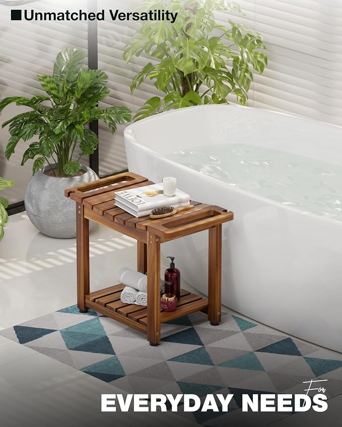 Bluewest 23.4 Inch Shower Bench with Storage Shelf, Natural Wood and Handle | Waterproof Bathroom Spa Bench for Sitting Inside the Shower and Shaving Legs, with a Built-In Handle and Shower Head Holder.