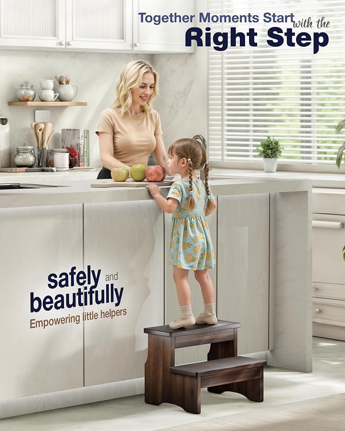FANATU Wooden Two Step Stool, Heavy Duty 2-Step Ladder for Adults & Kids, Supports up to 450lbs for Kitchen, Bathroom or Bedside Use (Walnut Finish)