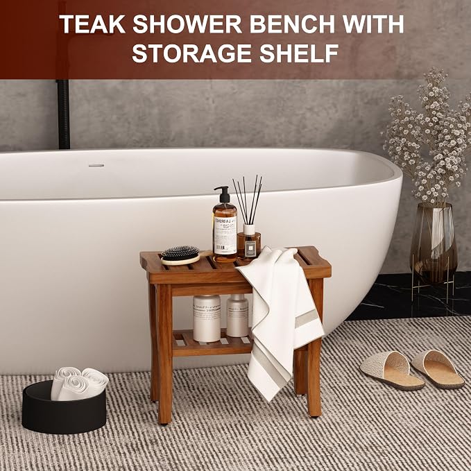 Teak Shower Bench Stool with Storage Shelf, Waterproof Shower Chair Spa Bath Seat, Shower Stool for Inside Shower, Bathroom Bench Seat for Adults Elderly Seniors for Indoor or Outdoor Use