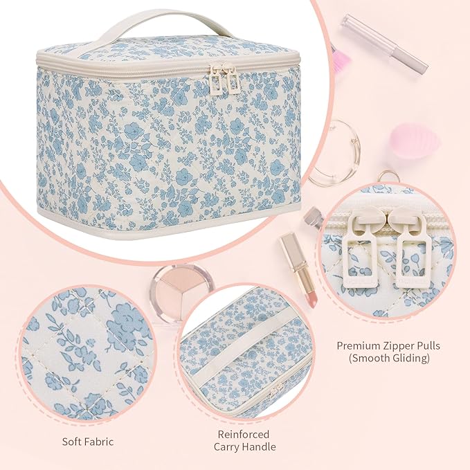 Travel Makeup Bag, Cosmetic Bags for Women Makeup Case Organizer Large Capacity Travel Toiletry Bag Storage Bags with Divider and Handle for Cosmetics Toiletries Brushes Tools-Blue Floral