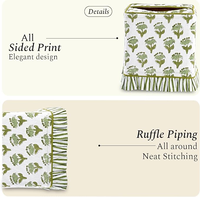 CPC Emerald Green Hand Block Print Cotton Ruffle Tissue Box Cover 4.5"x4.5"x5"Inch, Square Decorative Tissue Holder Cover for Bathroom, Living Room, Bedroom, Home Décor, Vanity, Car Gift for Summer