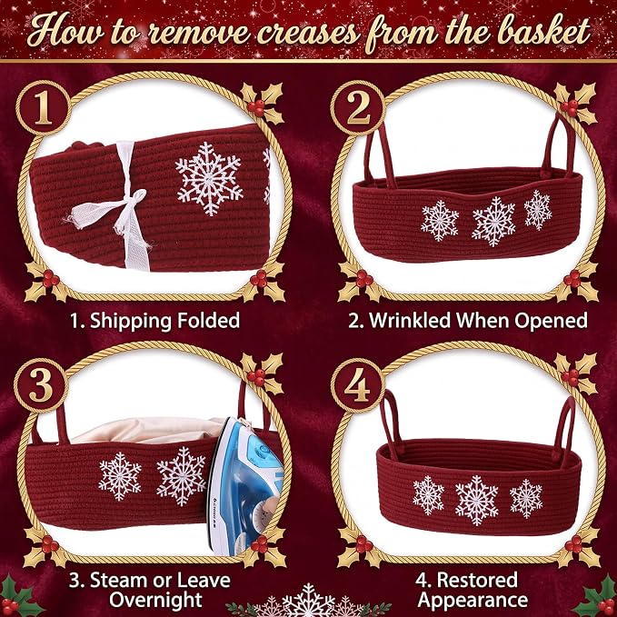 Vesici Snowflake Woven Storage Basket for Toilet, Christmas Bathroom Decor | Cotton Rope Woven, Snowflake Winter Burgundy Red Decor, Holds Toilet Paper, Bathroom Countertop or Tank Top, 13 X 6 X 4 Inch