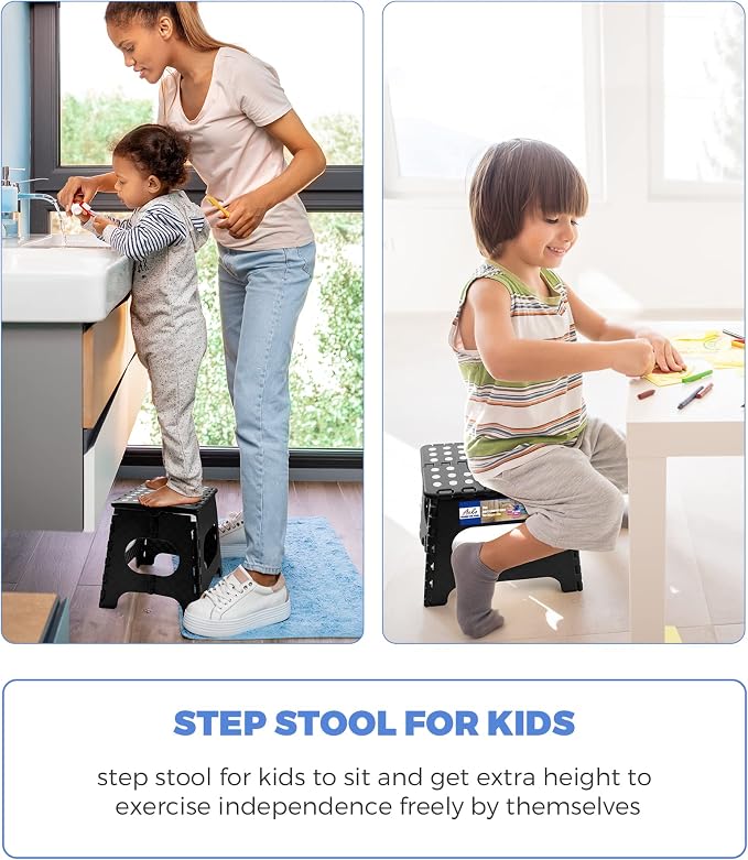 ACKO 11" Folding Step Stool for Kids, Non-Slip Foldable Step Stools, Black | Heavy Duty Collapsible Foot Stool, Lightweight with Built-in Handle, Holds 300 lb for Adults Kitchen Bathroom Bedroom Outdoor