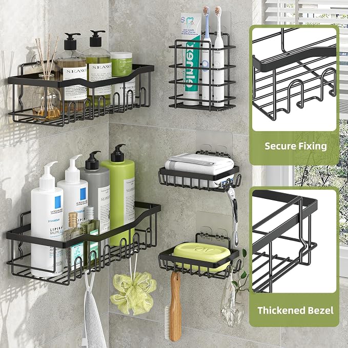 Simple Trending Shower Caddy, 5 Pack Stainless Steel Shower Shelves | Rustproof Shower Organizer with Large Capacity, No Drilling Bathroom Organizer Adhesive, Black Metal Storage Basket