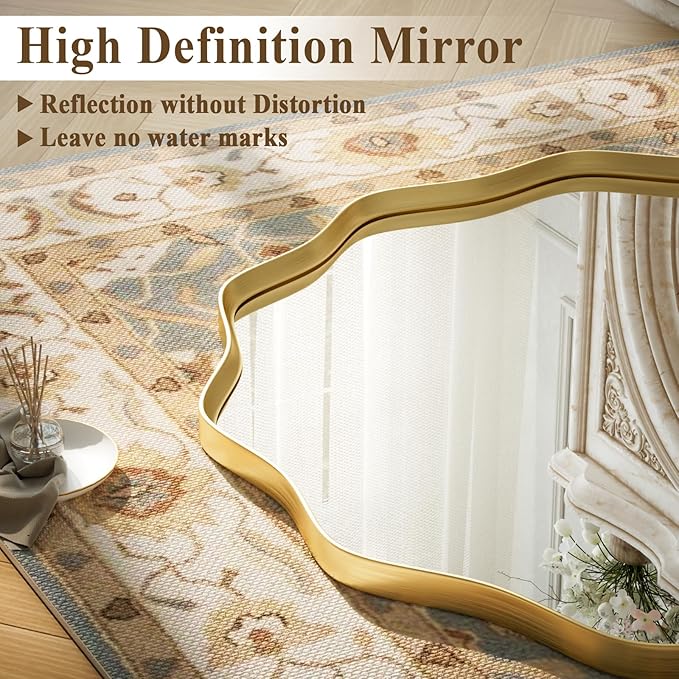 Gold Scalloped Circle Mirror, 20" Wavy Edge Round Wall Mirror | Tempered Glass Textured Circular Metal Deep Frame, Hanging Leaning for Bathroom, Hallway, Entryway, Living Room