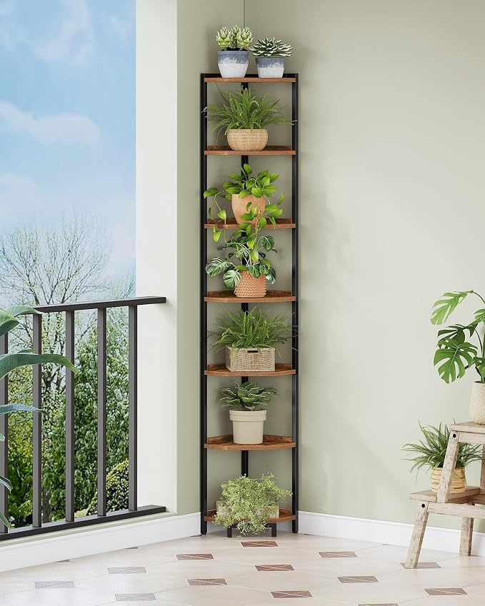 Hzuaneri Corner Shelf Stand 7-Tier Corner Bookshelf Storage Standing Shelf | Bookcase Plant Stand with Metal Frame for Living Room, Home Office, Bedroom, Rustic Brown CS07001B