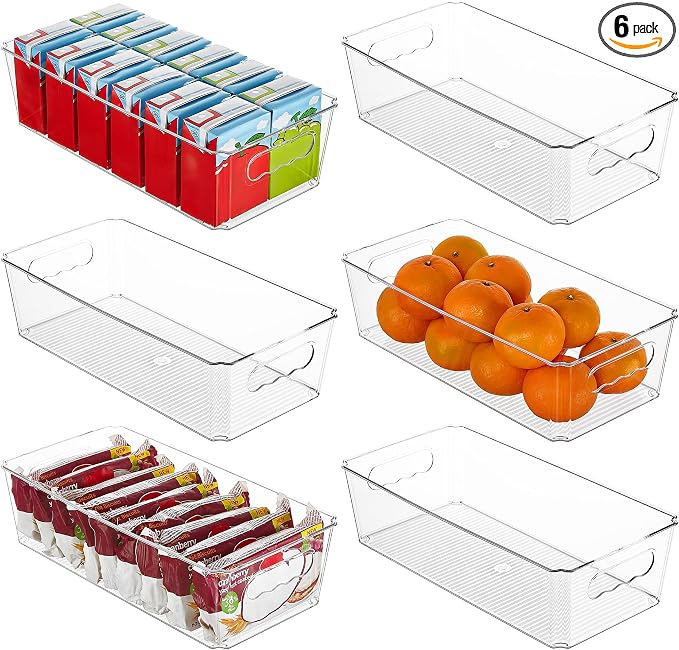 Vtopmart 6pcs Clear Storage Bins with Handles | BPA-free Plastic Storage Containers, Easy to Move, For Fridge Freezer, Pantry Cabinet Kitchen Organization, Built to Last