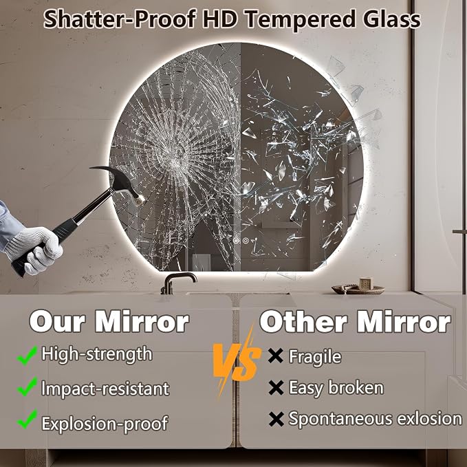 Niccy Round LED Bathroom Mirrors, Half Circle Backlit Mirror, 48" | Frameless Half Moon Mirror for Bathroom Wall, 3 Color Dimmable Anti-Fog Makeup Mirror, Explosion-Proof