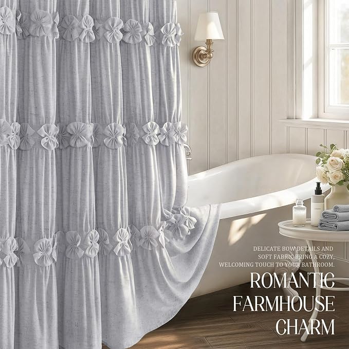 Ruffle Farmhouse Linen Shower Curtain with Vintage Grey Linen 72" W x 72" H | Linen Blend Fabric, Ruffle Bow and Ruffled Hem，Linen Texture，Machine Washable，12 Metal Holes and Plastic Hooks